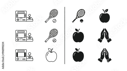Contrast between video games, sports, and healthy lifestyle choices illustrated with icons