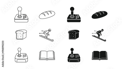 Contrasting visual styles of gaming controllers, food, and activities in black and white