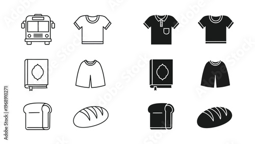 Collection of icons depicting school items and baked goods in contrasting styles
