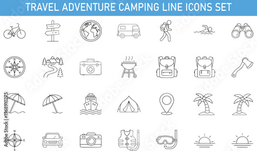 travel adventure camping line icons set, hiking navigation tourism outdoor equipment summer vacation exploration vector outline collection for travel lifestyle and outdoor activities