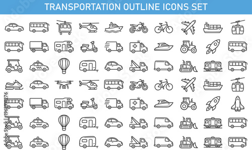 transportation outline icons set, vehicle transport collection, car bus truck airplane bicycle ship icons, travel mobility transport vector line icons pack for logistics and tourism