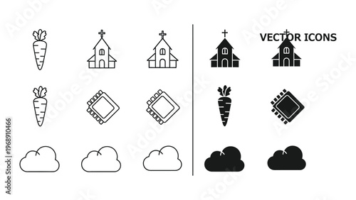 Comparison of hand-drawn and vector icons featuring carrot, church, and microchip designs