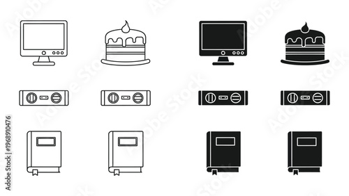 Illustrations of electronic devices and baked goods with power indicators
