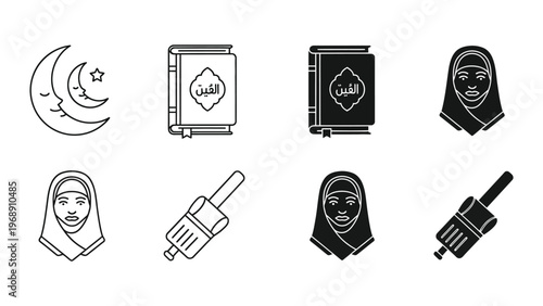 Illustrations representing islamic symbols and modern technology icons with women in hijab