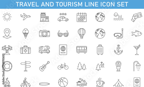 Travel and tourism line icon set, vacation, hotel, airplane, beach, passport, transport, adventure, summer holiday outline vector collection isolated