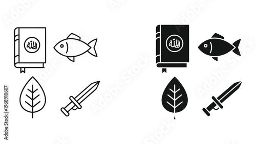 Contrasting symbolic icons of faith, nature, and conflict in monochrome