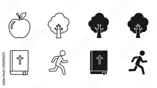 Symbolic icons representing religious, natural, and educational concepts with movement