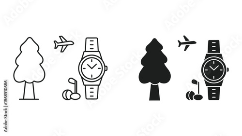 Contrasting travel and nature-themed watch icons with different styles