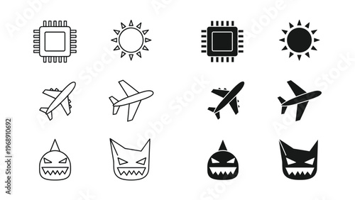 Contrasting icons of microchips, airplanes, sun, and monster faces in black and white styles