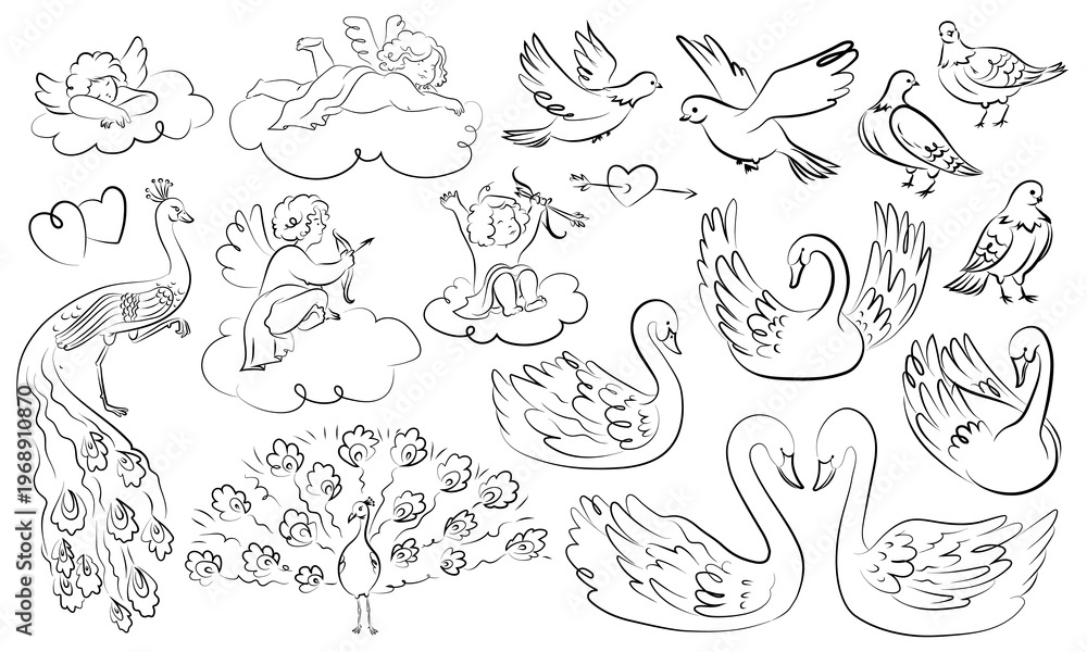 Fototapeta premium Cupid And Birds Line Art Vintage Wedding Set