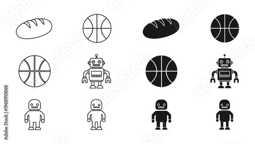 Transformations and variations of robots and sports balls in simple graphics