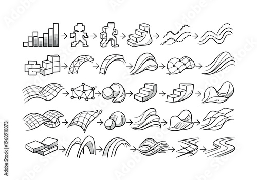 Line vector icons of pixel art transforming into fluid 3D forms: pixel-grid bars, sprite pads, voxel steps, jagged-lines dots,