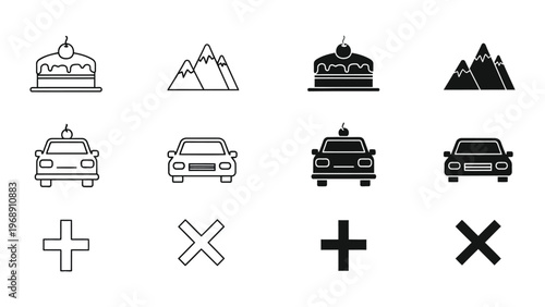 Matching pairs game with cakes, cars, mountains, and symbols for visual recognition