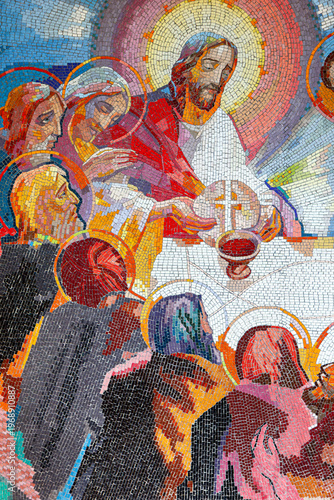 Mosaic of the Last Supper, the Fifth Luminous Mystery of the Rosary – Sanctuary of the Queen of Peace, Medjugorje, Bosnia and Herzegovina.
