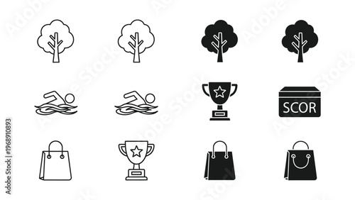 Collection of icons depicting nature, sports, shopping, and achievements