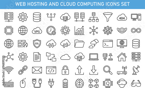 Web hosting and cloud computing icons set featuring server, database, DNS, SSL security, network connection, VPS hosting, firewall protection, data transfer, technology infrastructure
