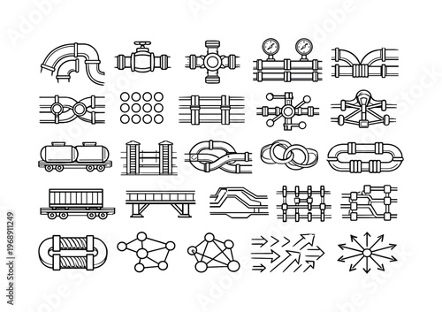 Line vector icons of large-scale pipeline transport: flow arcs, valve tiles, connector nodes, pressure rails, routing pads, cargo