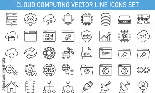 Web hosting and cloud computing vector line icons set, server database network security development symbols, HTML, DNS, backup, coding outline illustration isolated background