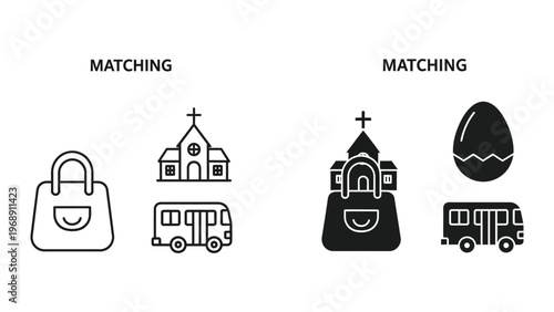 Matching pairs of icons featuring handbags, churches, buses, and eggs