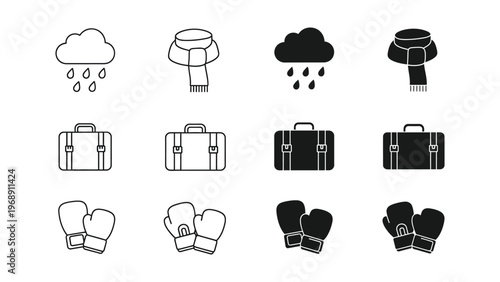 Weather and activity icons combined with suitcases and boxing gloves variations