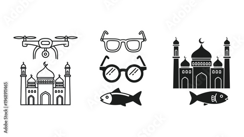 Modern icons blending technology, architecture, and everyday objects with cultural elements