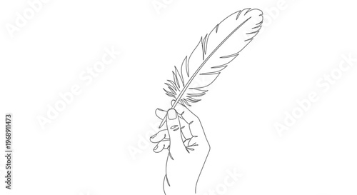 Quill Feather Held by Hand Minimalist Line Art Drawing Isolated on White Background