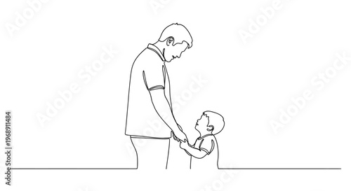 Father and Child Holding Hands Continuous Line Drawing Isolated on White