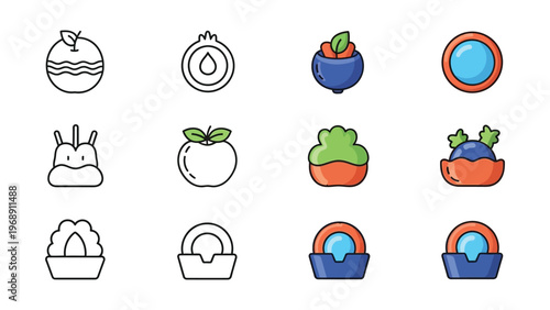 Whimsical illustrations of various fruits, vegetables, and related food items in baskets