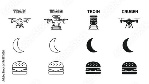 Creative visual puns combining drones, trains, and food items with moon phases