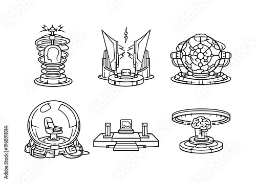 Line style icons of narrative memory-editing installations: cognitive-hum coil, selective-gate blade, pattern-reset node,