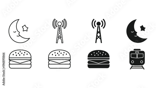 Whimsical icons combining food, technology, and nighttime themes