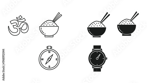 Symbols representing spirituality, cuisine, navigation, and timekeeping