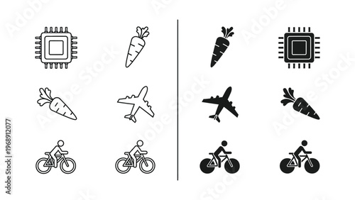 Comparison of filled and unfilled icons in pairs across four different themes