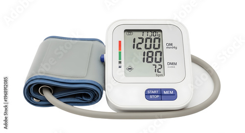 A digital blood pressure monitor with an arm cuff displaying readings on a white background.