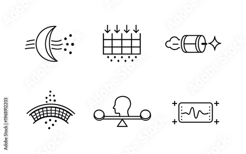 Symbolic Detox Icons. Line style icons of symbolic detox respirators: air-intake crescent, information-filter lattice, negativity