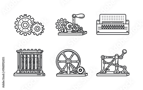 Collection of vintage mechanical computing devices and gears in a simple line art style