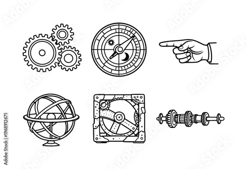 Collection of vintage mechanical and navigational instruments in a line art style