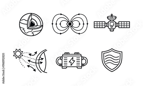 Line style vector icons of magnetic shielding technology: core-planet icon, magnetic-field lines motif, satellite-grid outline,