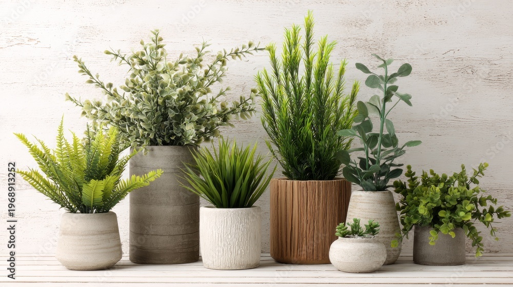 Fototapeta premium Fake plants in pots sit on a white wood surface.