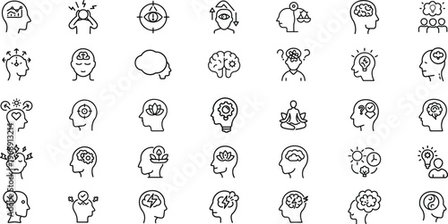Mental Health and Personality Outline Icons – 35 Clean Mind and Brain Line Vector Set