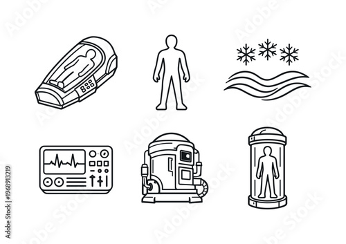 Line style vector icons of cryostasis technology: cryo-pod icon, human-silhouette motif, freezing-wave outline, control-panel