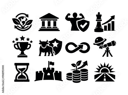 Solid vector icons of long term corporate success: sustainability, legacy, resilience, competitiveness, authority, reputation,