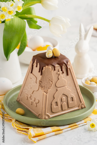 Obraz na plátne Easter chocolate cottsge cheese dessert paskha  decorated candy eggs