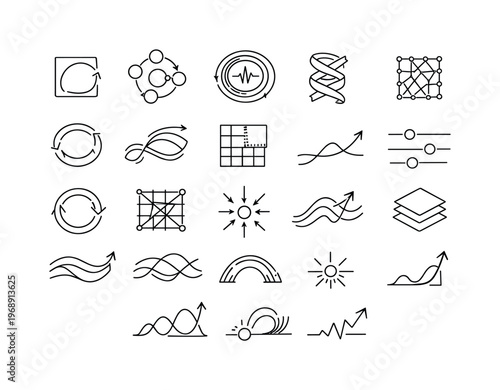 Line style icons of autonomously evolving code: self-edit arc tile, recursive refinement node, adaptive pulse ring, logic