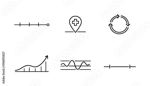 Line style icons of patient health history: timeline bar, medical event marker, recurring pattern loop, long-term trend path,