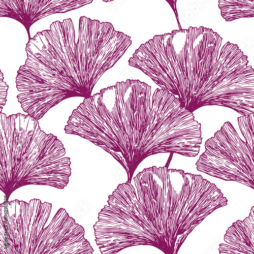 Seamless floral pattern with ginkgo biloba leaves. Art flowers on color background. Decorative sceleton leaf. Vector hand drawn illustration. Minimal linear style.