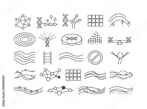 Line vector icons of the boundary between genetic disease correction and enhancement: therapeutic gene-repair nodes,