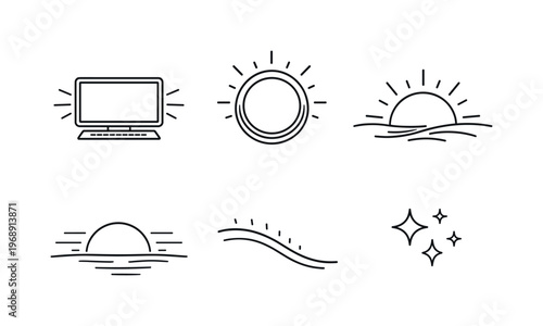 Line vector icons of device backlight synchronized with sunset (evening color shift): device panel, gradient glow rim, sunset orb