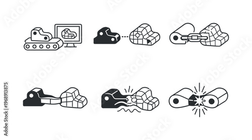 Line vector icons of a production line where real and virtual parts interact (hybrid component link): line frame, component shape