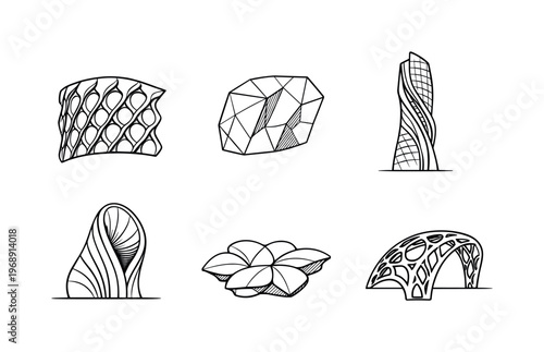 Line style icons of algorithm-grown architectural shells: wind-shaped façade cell, solar-optimized skin panel, airflow-guided